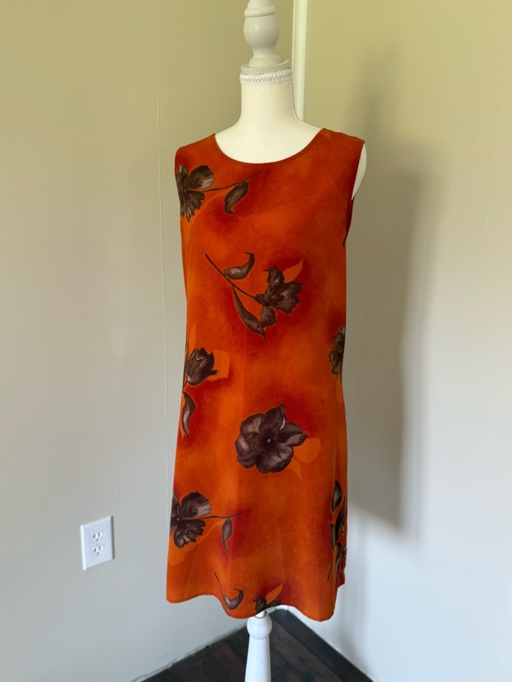 New York & Company Orange Brown Floral Mini Dress Button Slip Dress Vintage 14 - Picture 2 of 10